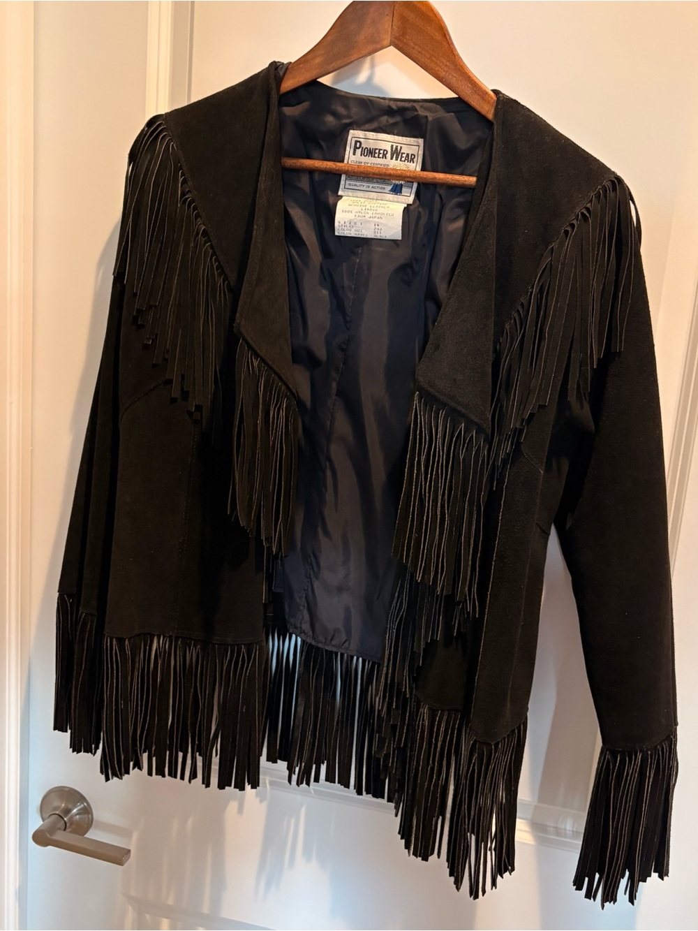 Vintage 80s Pioneer Wear Black Suede Leather Fringe Western Jacket Size 14